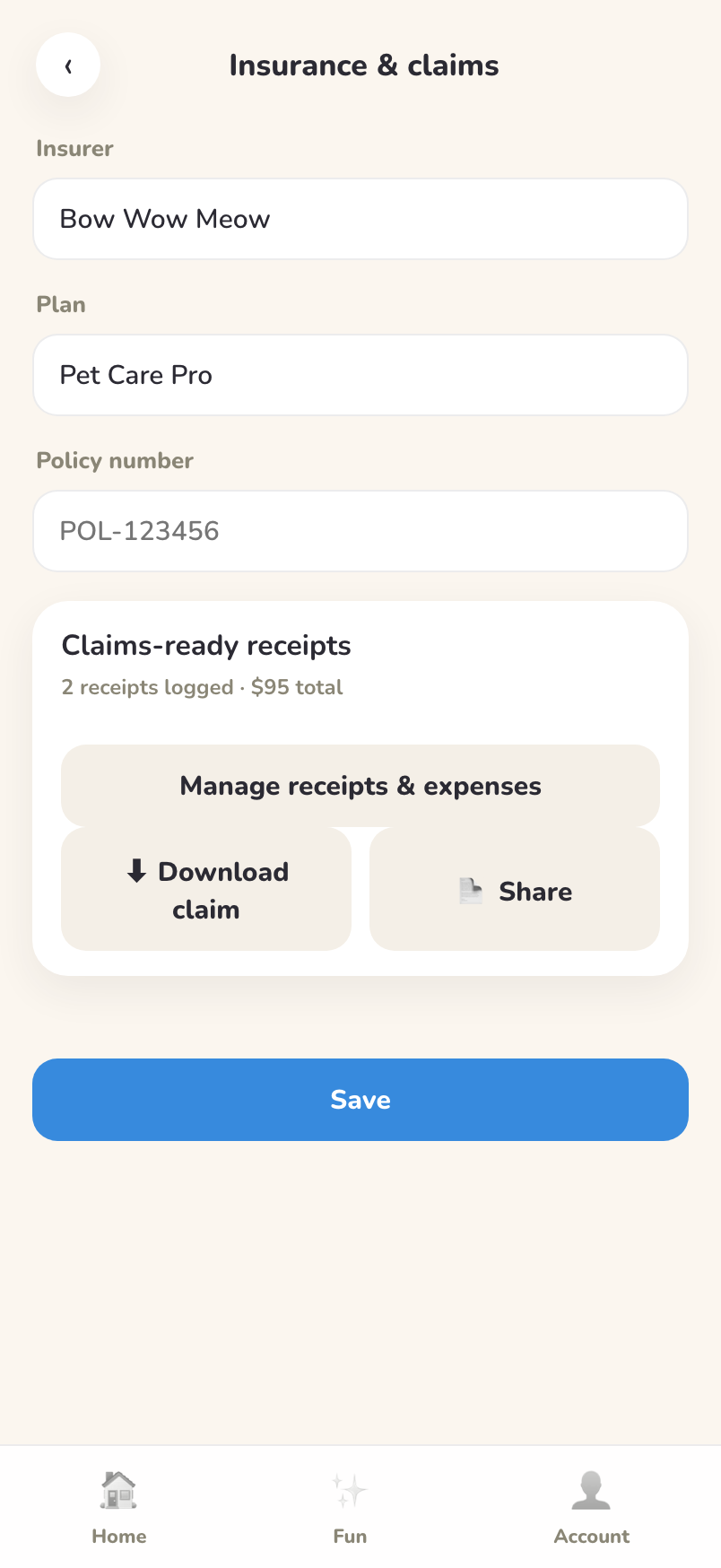 Insurance and expenses screen