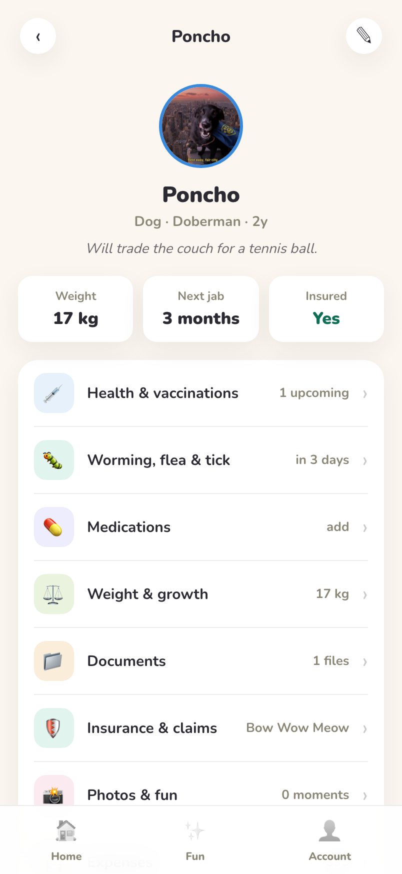 Pet profile